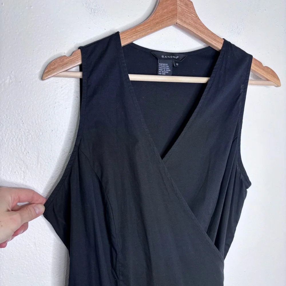 Sandro Black V-Neck Pleated Midi Dress Sleeveless Size 12 - Picture 5 of 10